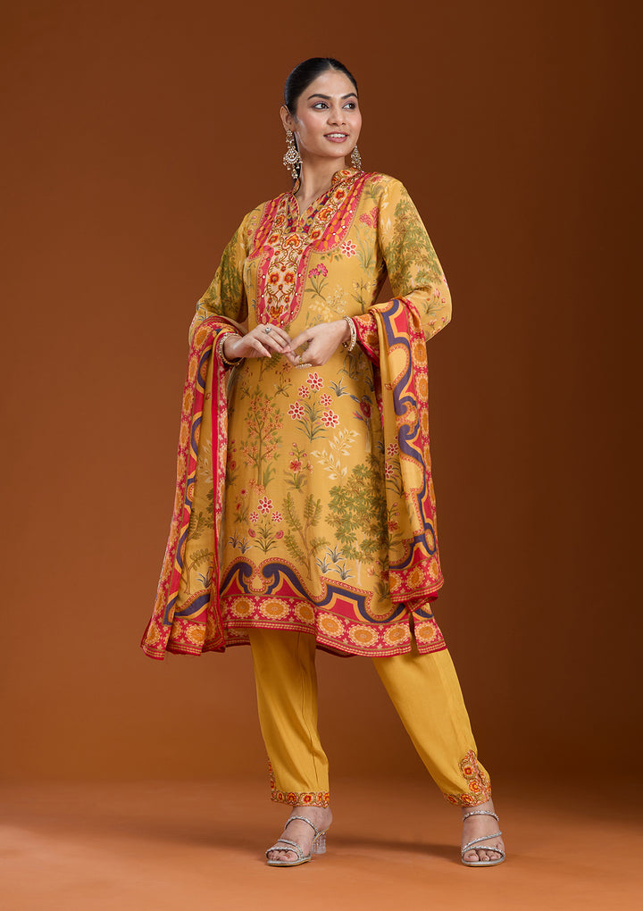 Mustard Yellow Printed Crepe Readymade Salwar Suit