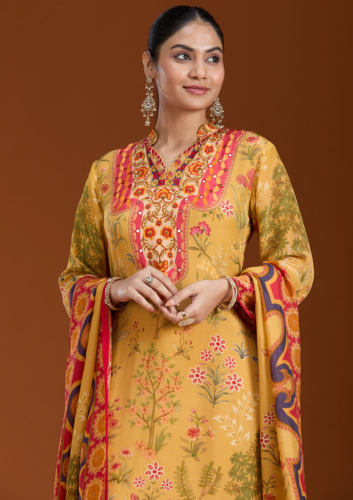 Mustard Yellow Printed Crepe Readymade Salwar Suit