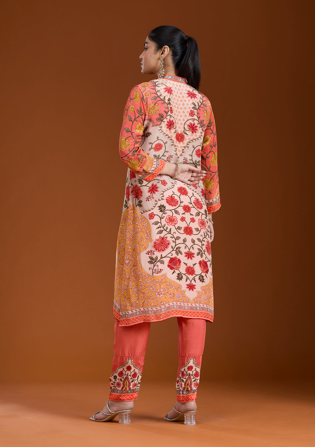 Beige Printed Crepe Readymade Salwar Suit