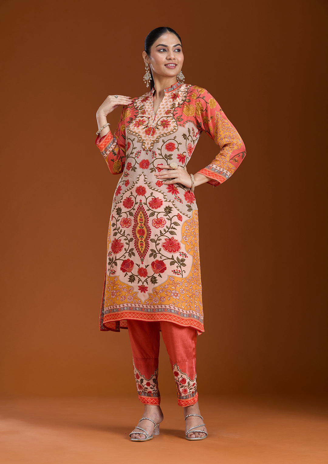 Beige Printed Crepe Readymade Salwar Suit