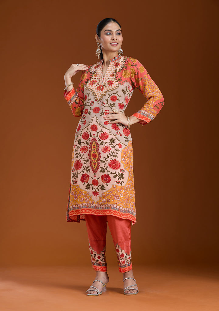 Beige Printed Crepe Readymade Salwar Suit