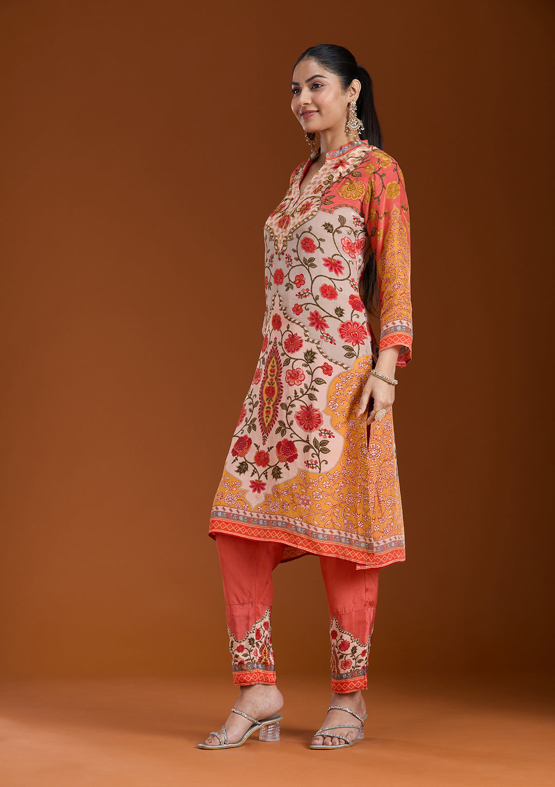 Beige Printed Crepe Readymade Salwar Suit