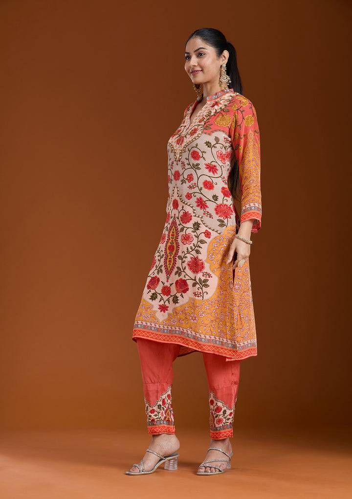 Beige Printed Crepe Readymade Salwar Suit