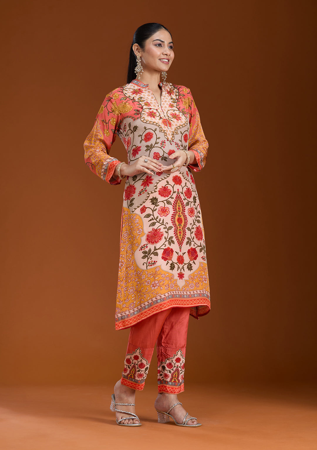 Beige Printed Crepe Readymade Salwar Suit