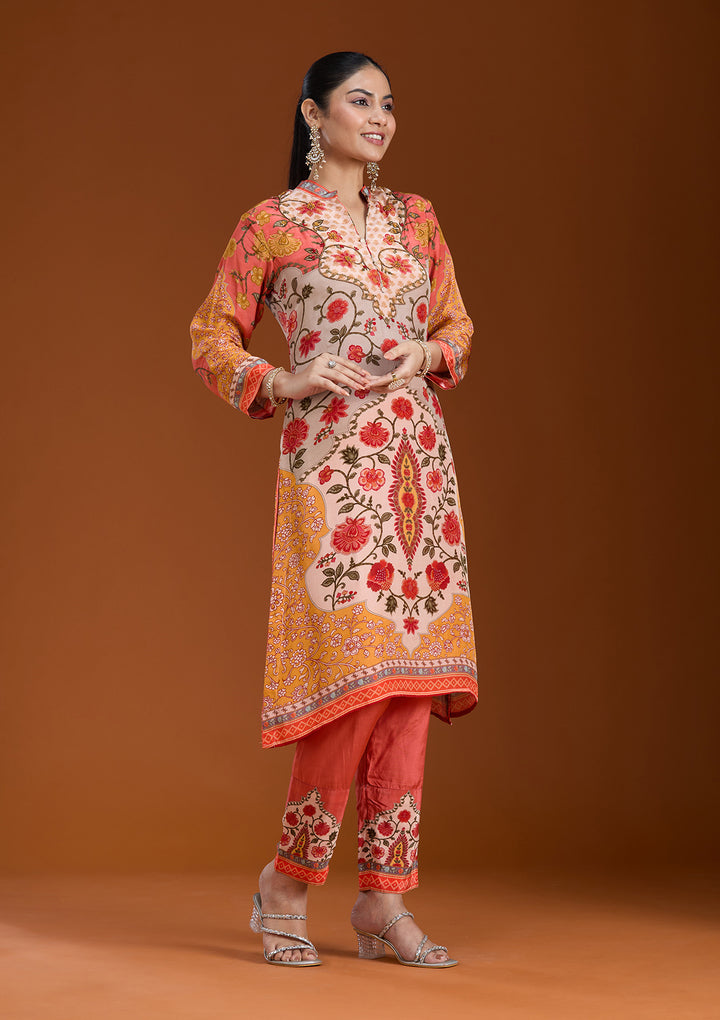 Beige Printed Crepe Readymade Salwar Suit