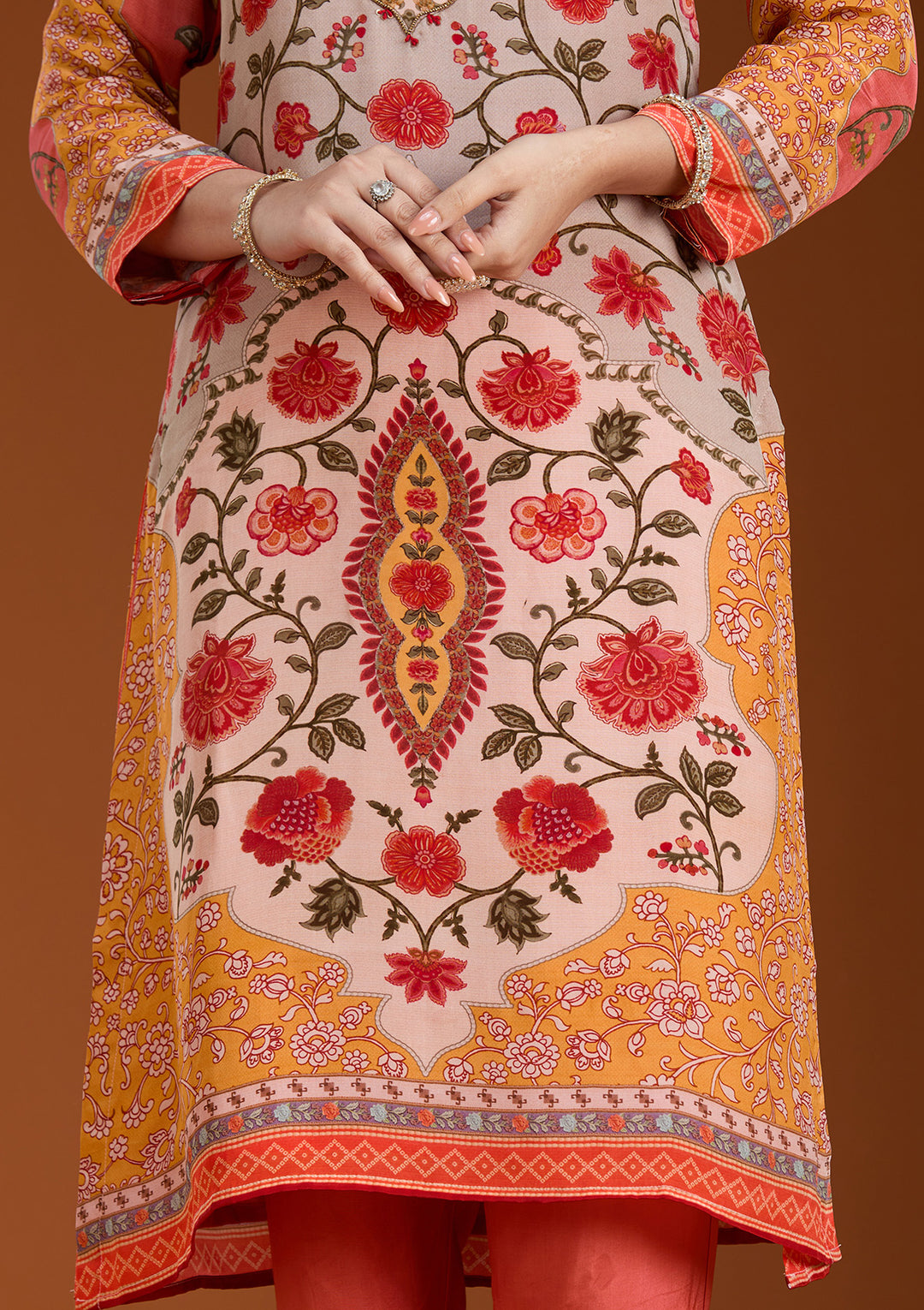 Beige Printed Crepe Readymade Salwar Suit