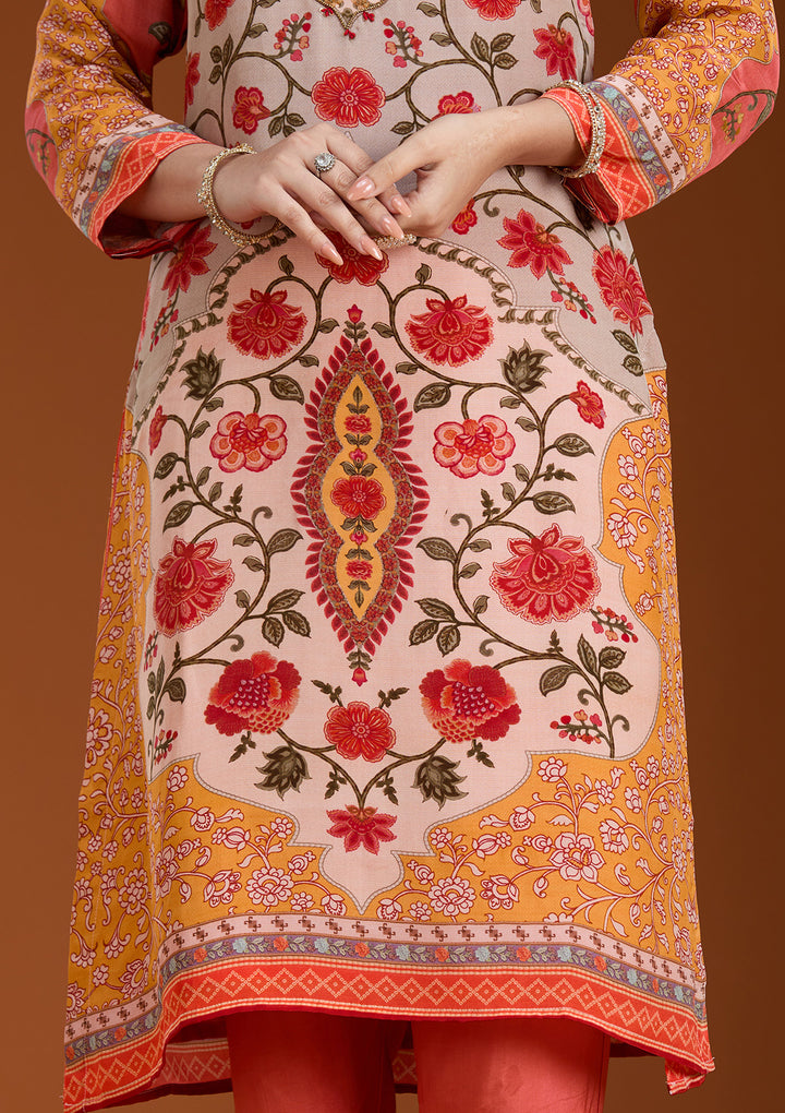 Beige Printed Crepe Readymade Salwar Suit