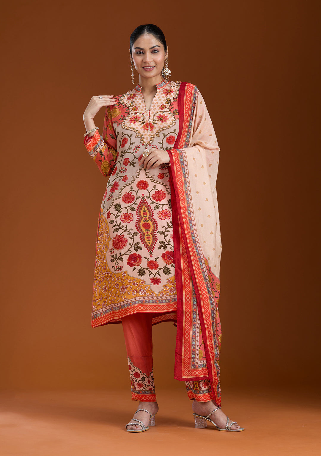 Beige Printed Crepe Readymade Salwar Suit
