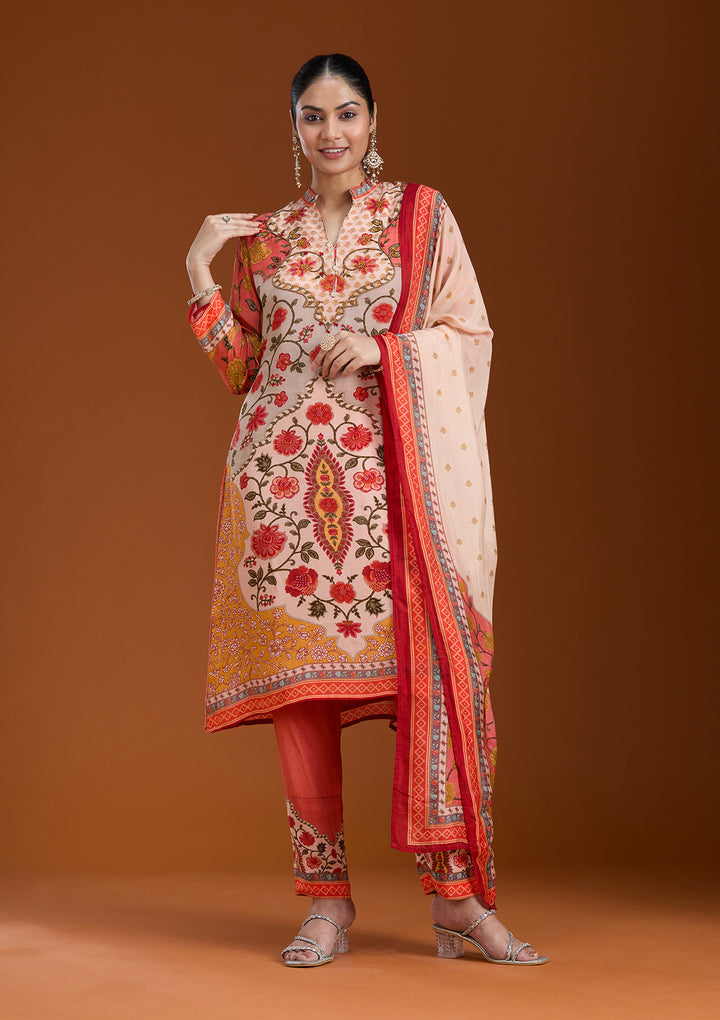 Beige Printed Crepe Readymade Salwar Suit