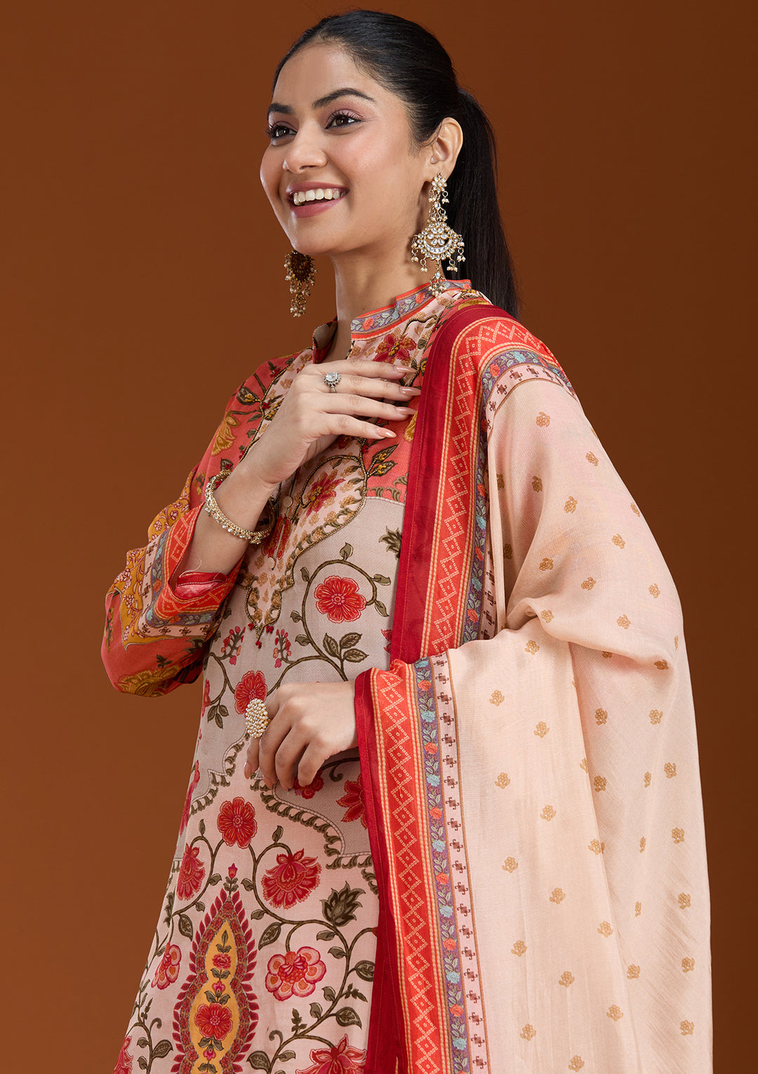 Beige Printed Crepe Readymade Salwar Suit