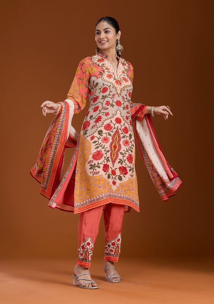 Beige Printed Crepe Readymade Salwar Suit