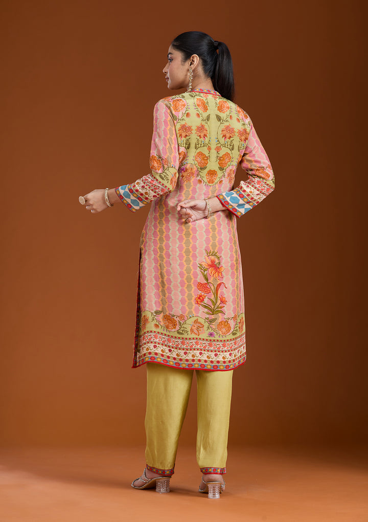 Pista Green Printed Crepe Readymade Salwar Suit
