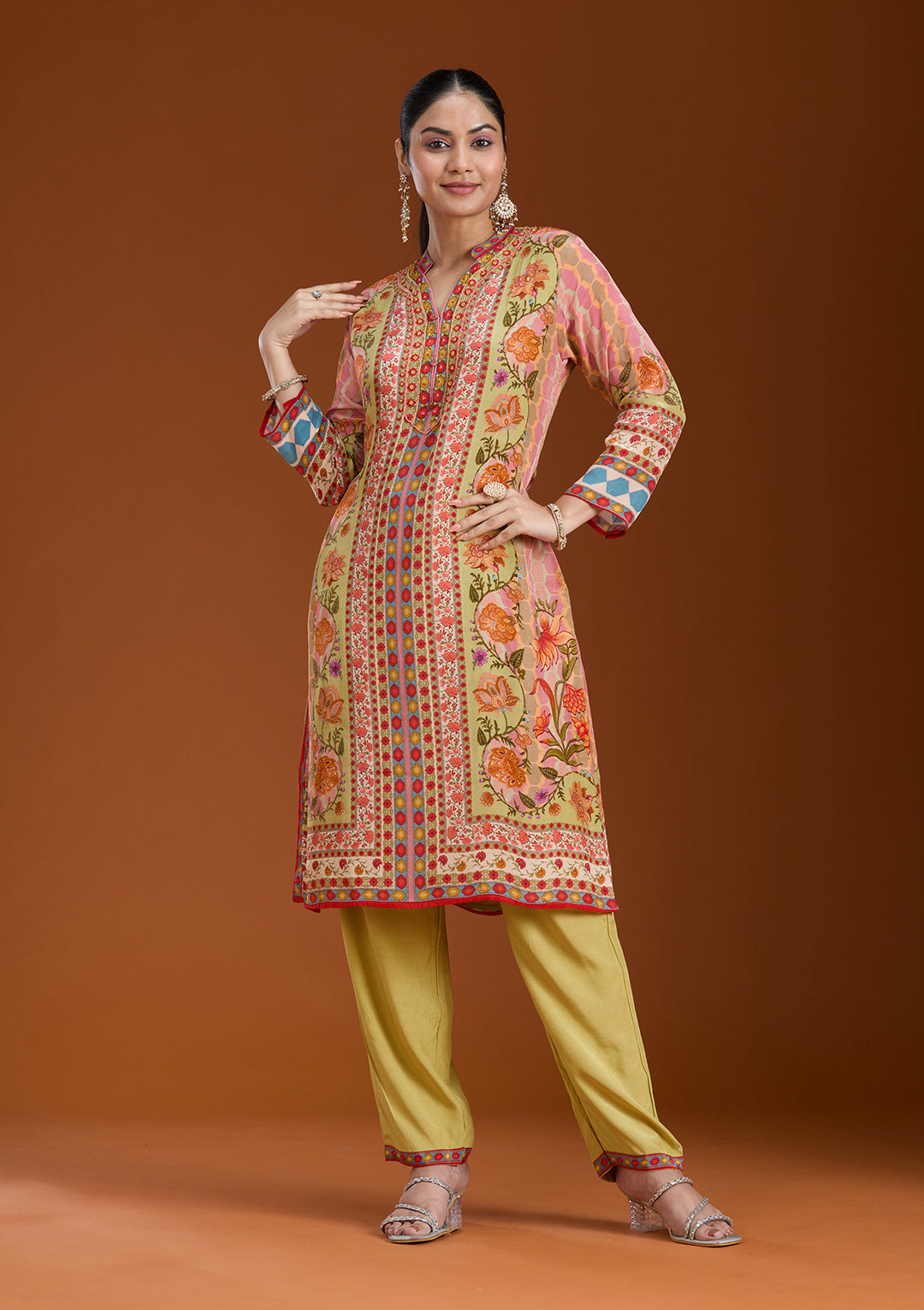 Pista Green Printed Crepe Readymade Salwar Suit