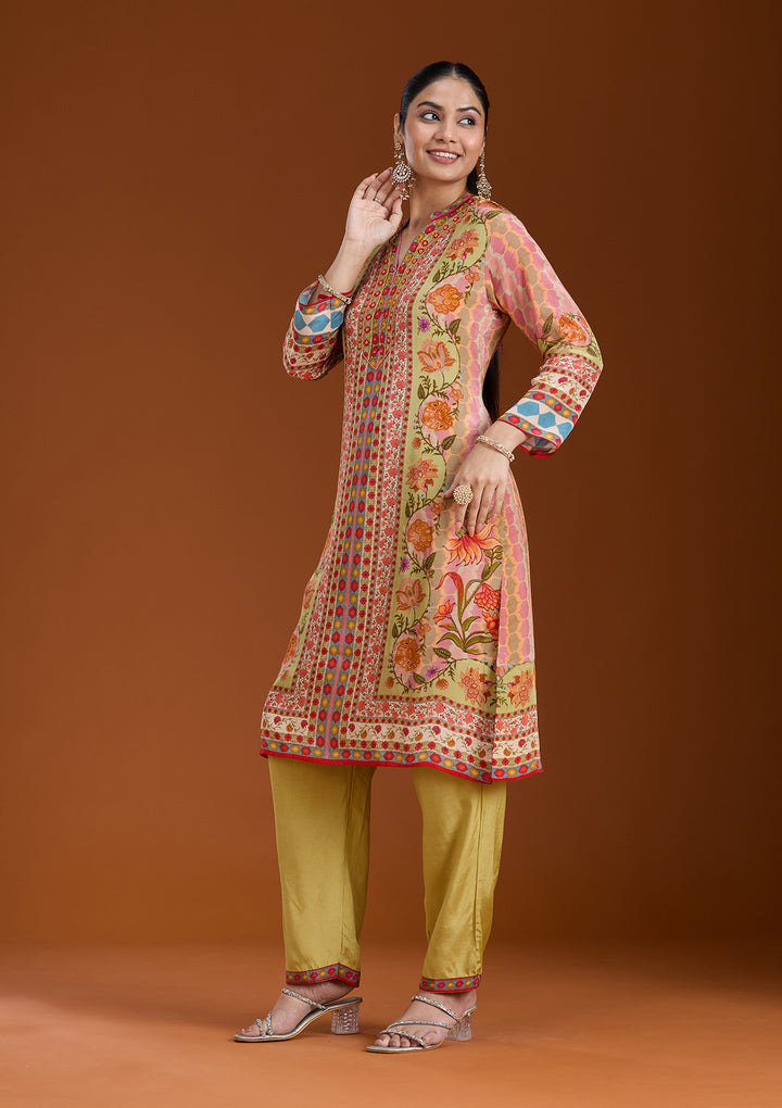 Pista Green Printed Crepe Readymade Salwar Suit