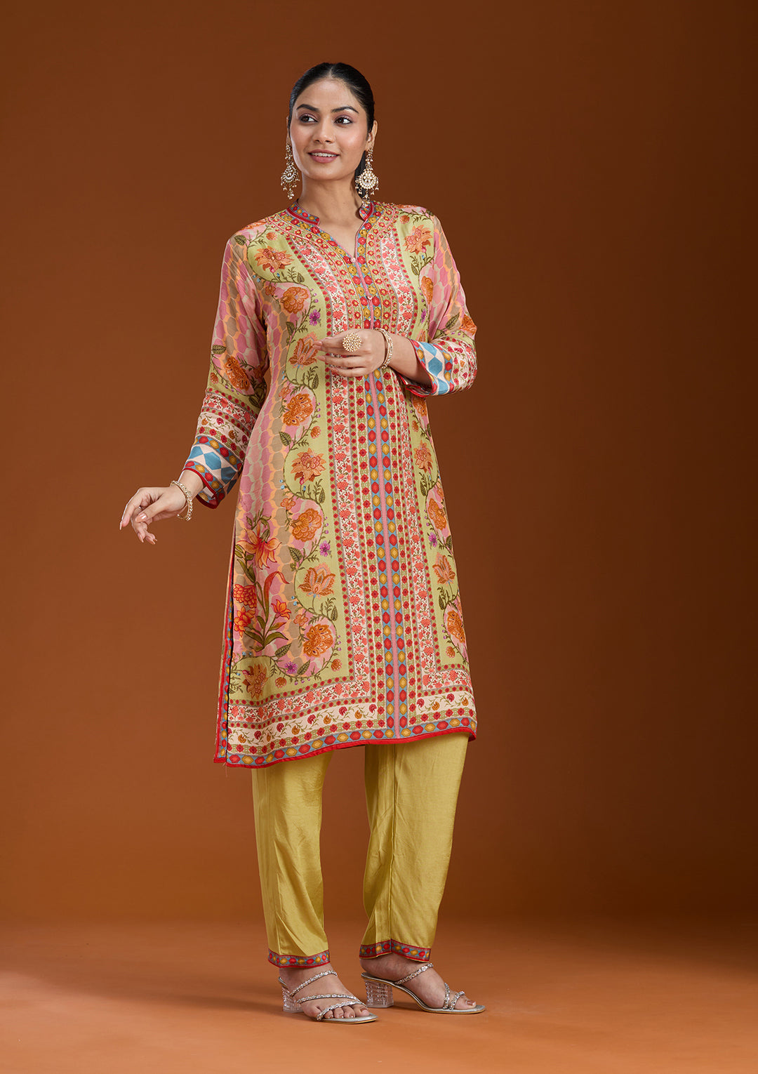 Pista Green Printed Crepe Readymade Salwar Suit