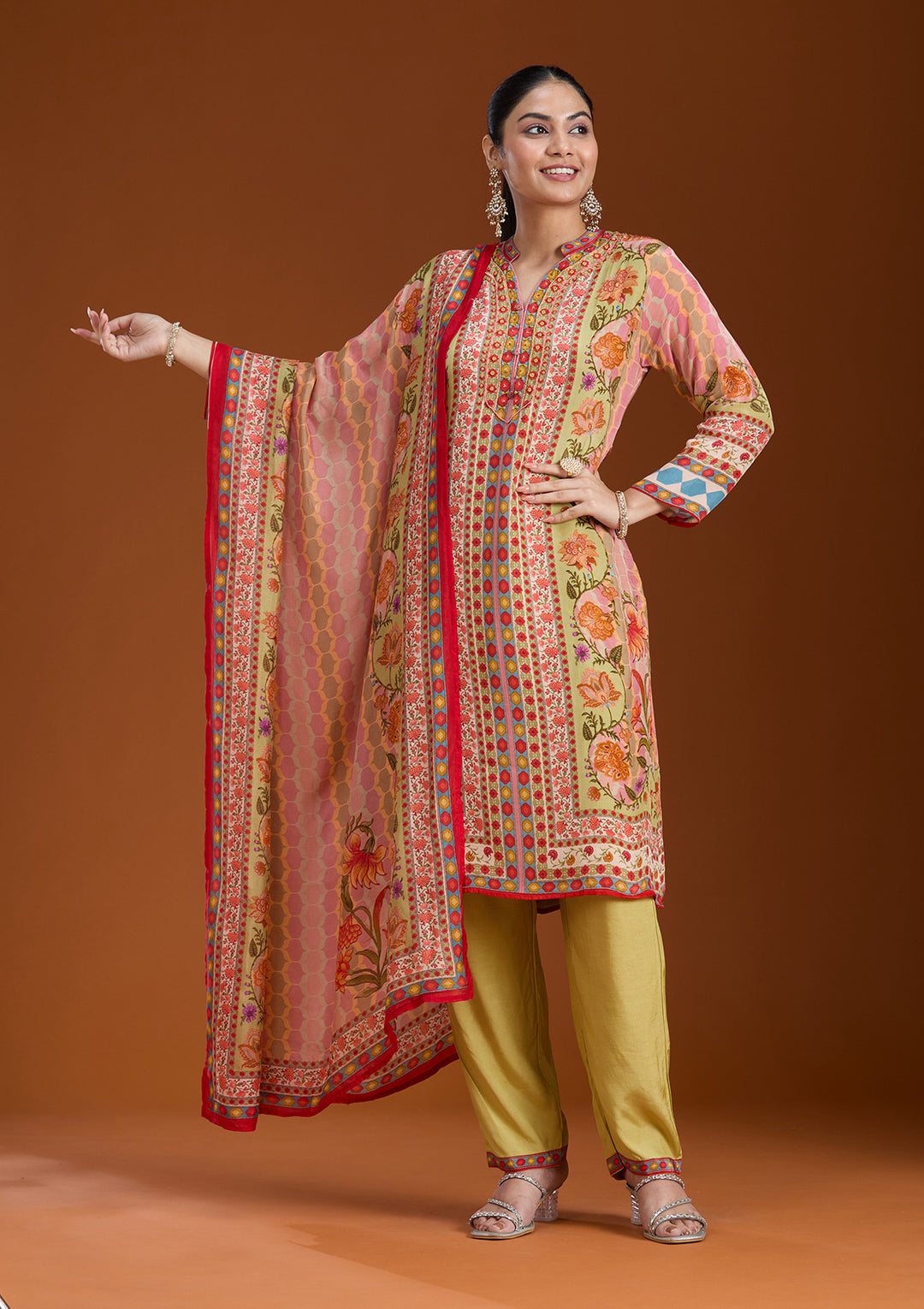 Pista Green Printed Crepe Readymade Salwar Suit