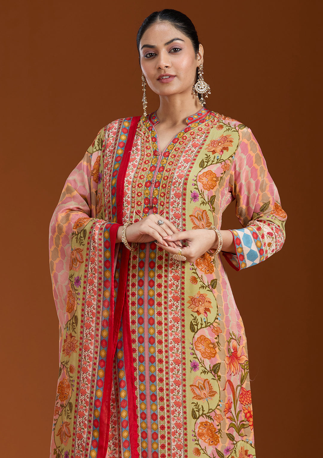 Pista Green Printed Crepe Readymade Salwar Suit