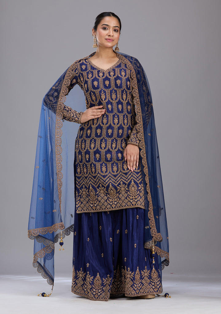 Navy Blue Stonework (Gold) Georgette Readymade Salwar Suit