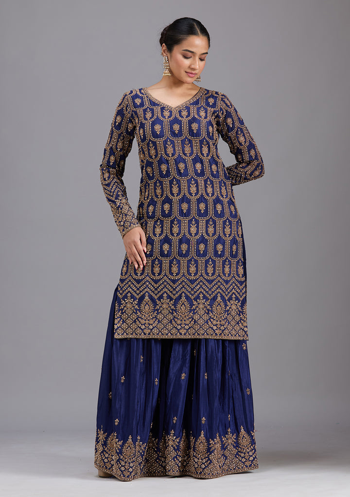 Navy Blue Stonework (Gold) Georgette Readymade Salwar Suit