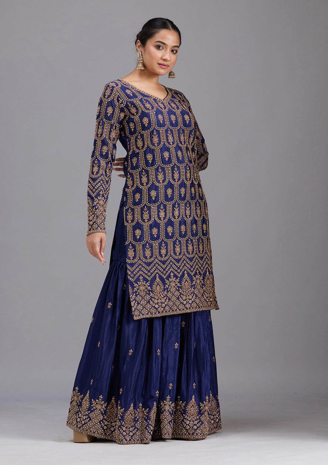 Navy Blue Stonework (Gold) Georgette Readymade Salwar Suit
