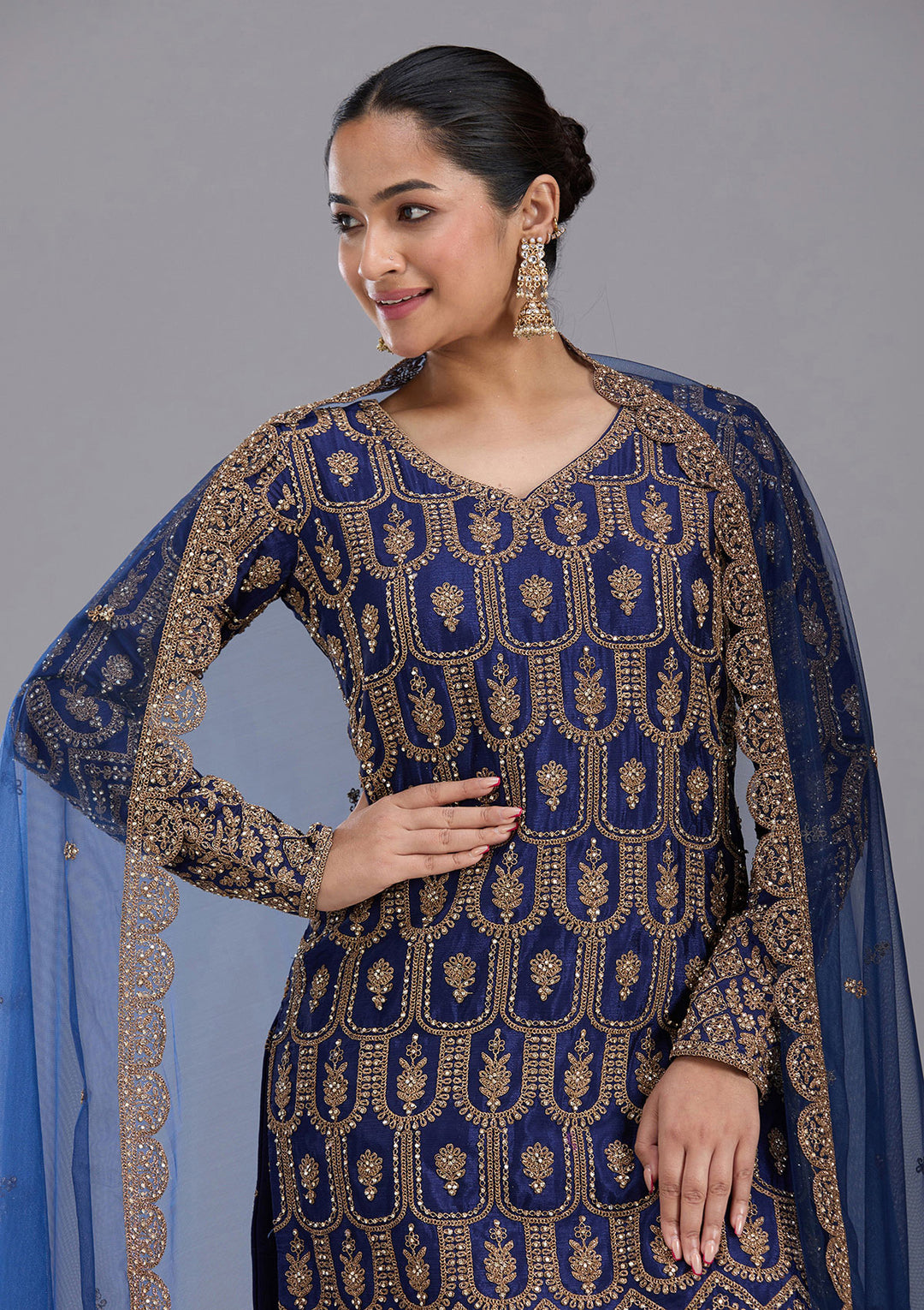 Navy Blue Stonework (Gold) Georgette Readymade Salwar Suit