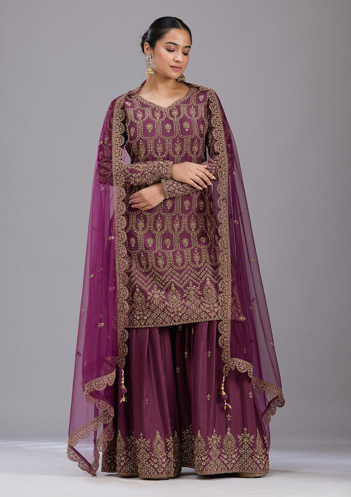 Wine Stonework (Gold) Georgette Readymade Salwar Suit