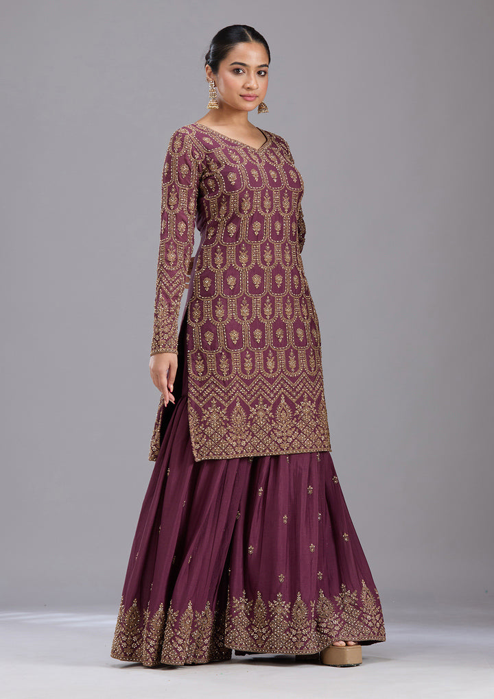 Wine Stonework (Gold) Georgette Readymade Salwar Suit