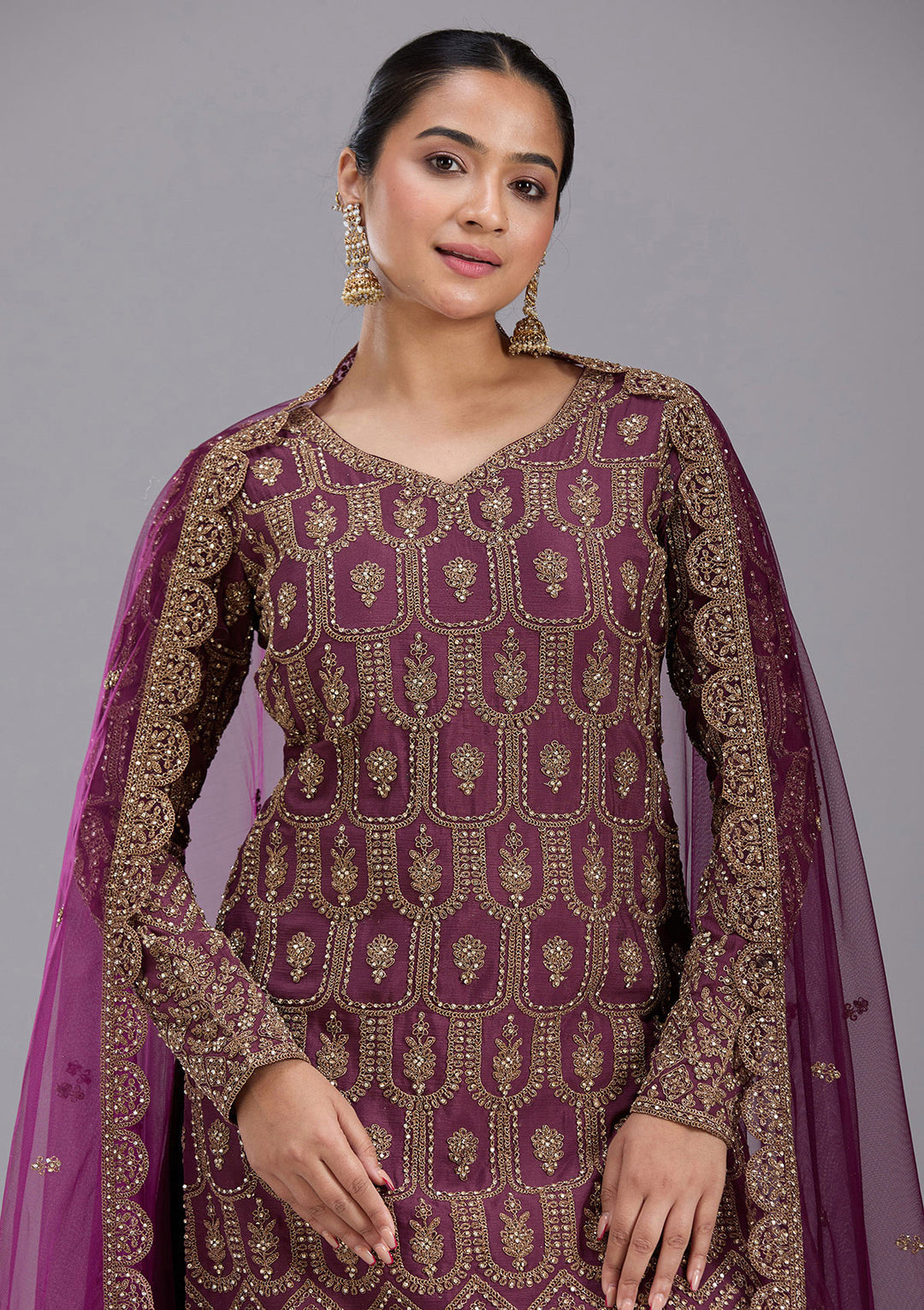 Wine Stonework (Gold) Georgette Readymade Salwar Suit