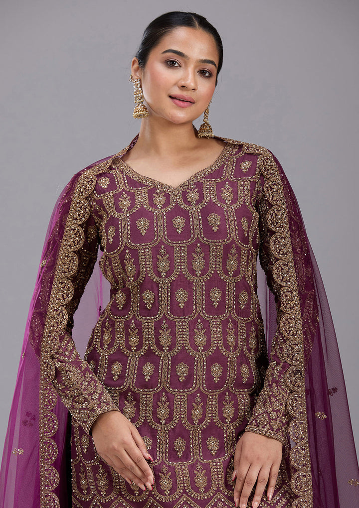 Wine Stonework (Gold) Georgette Readymade Salwar Suit