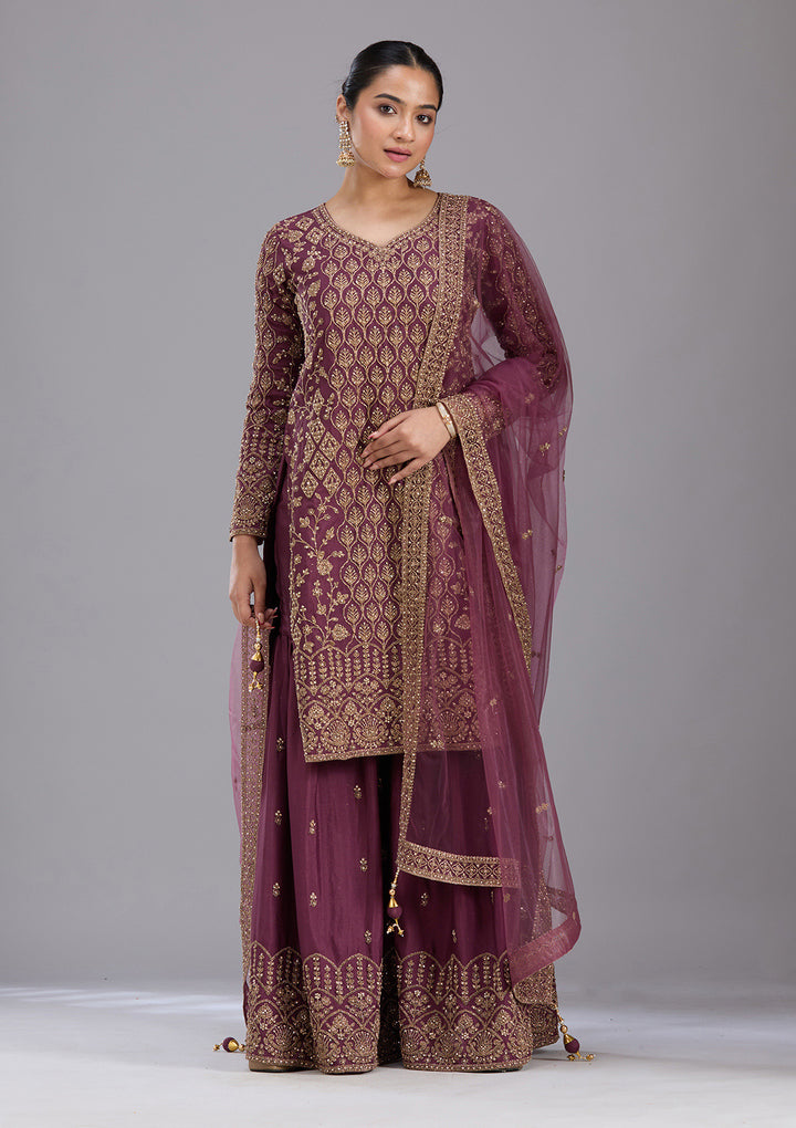 Wine Stonework (Gold) Georgette Readymade Salwar Suit