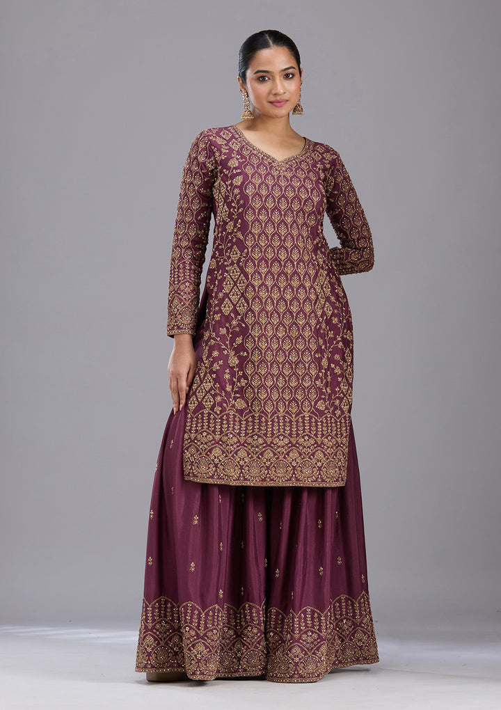 Wine Stonework (Gold) Georgette Readymade Salwar Suit
