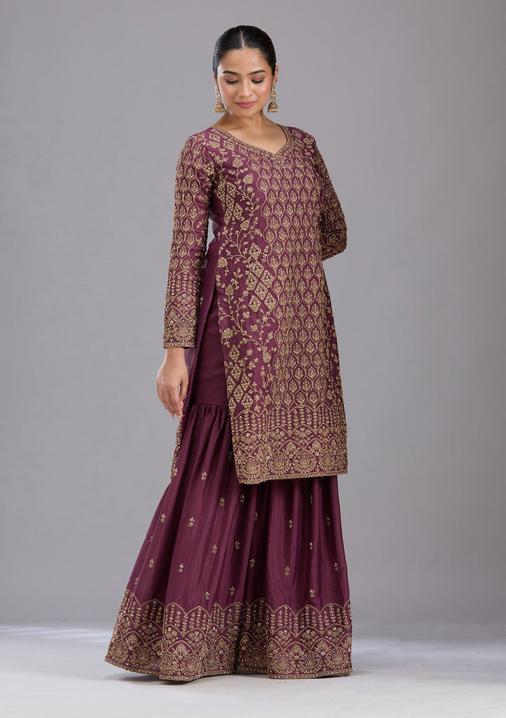 Wine Stonework (Gold) Georgette Readymade Salwar Suit