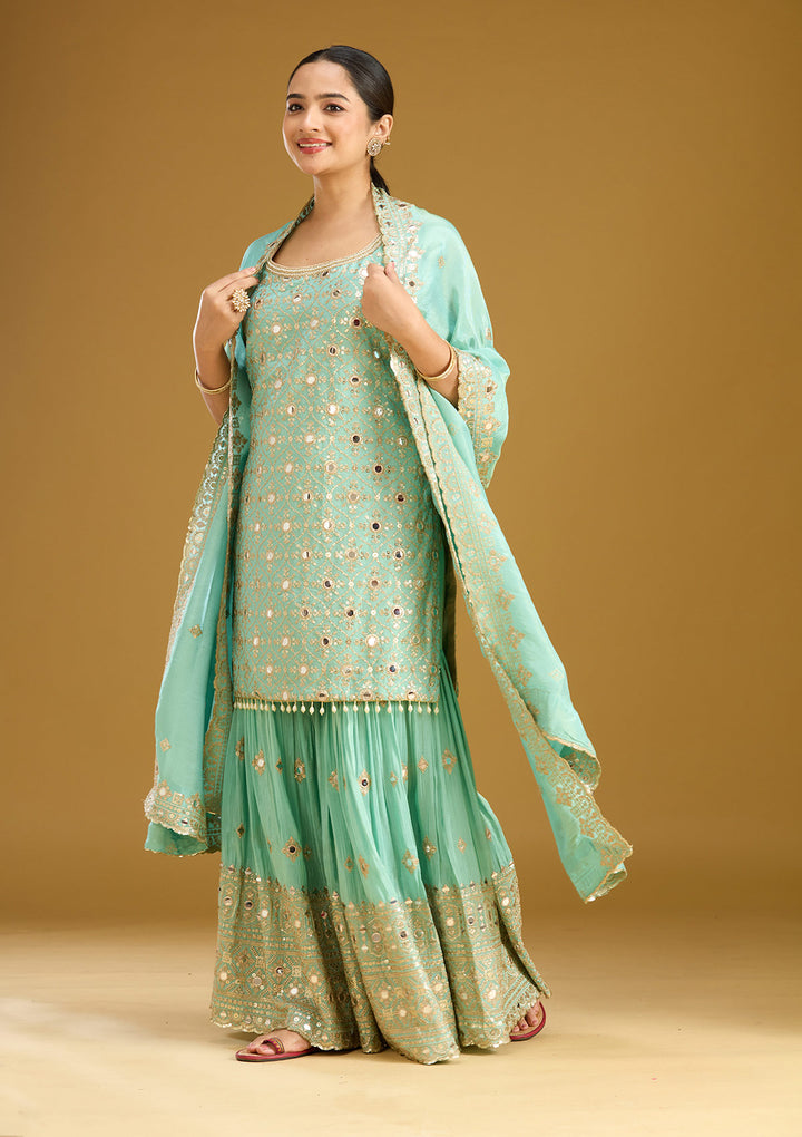 Sea Green Mirrorwork Tissue Readymade Salwar Suit