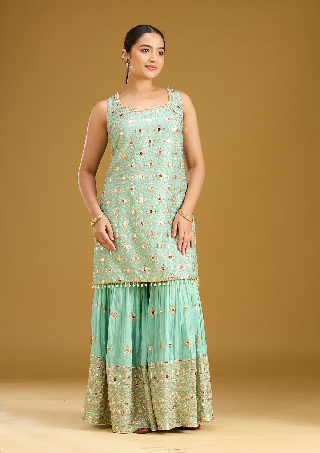 Sea Green Mirrorwork Tissue Readymade Salwar Suit