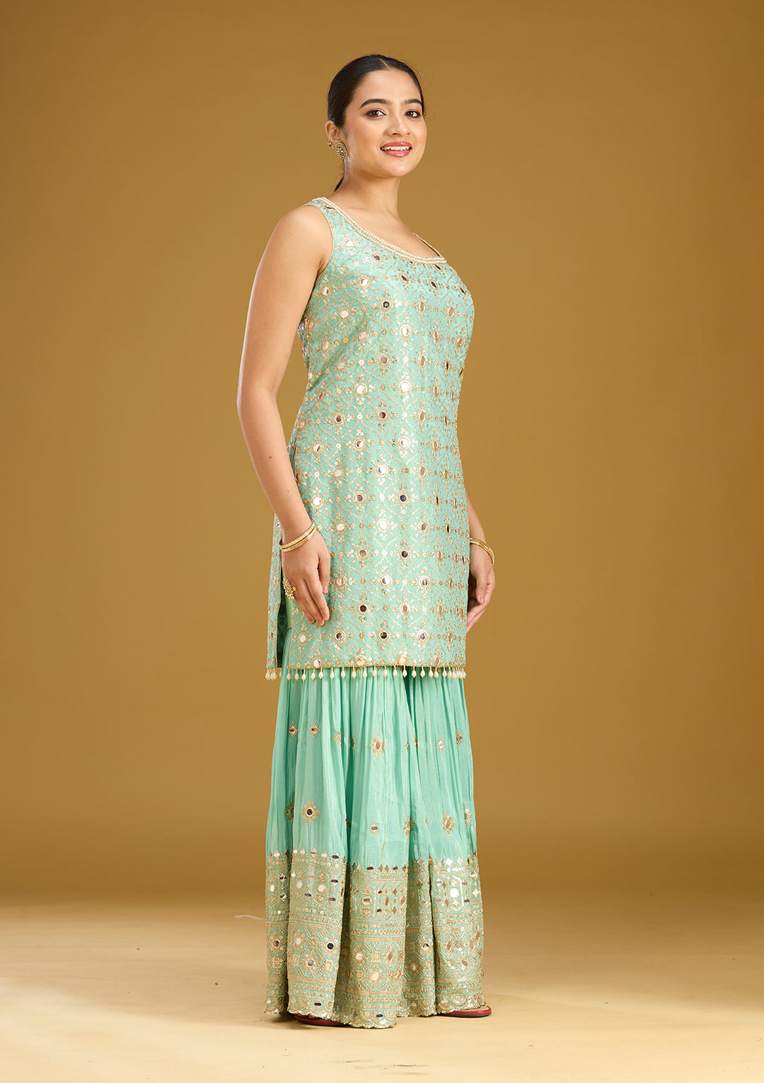 Sea Green Mirrorwork Tissue Readymade Salwar Suit