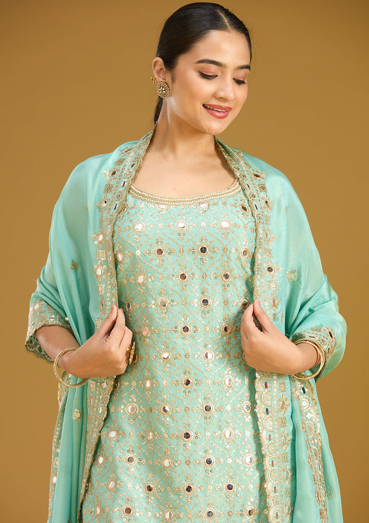 Sea Green Mirrorwork Tissue Readymade Salwar Suit