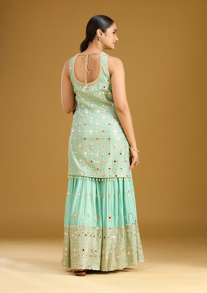 Sea Green Mirrorwork Tissue Readymade Salwar Suit