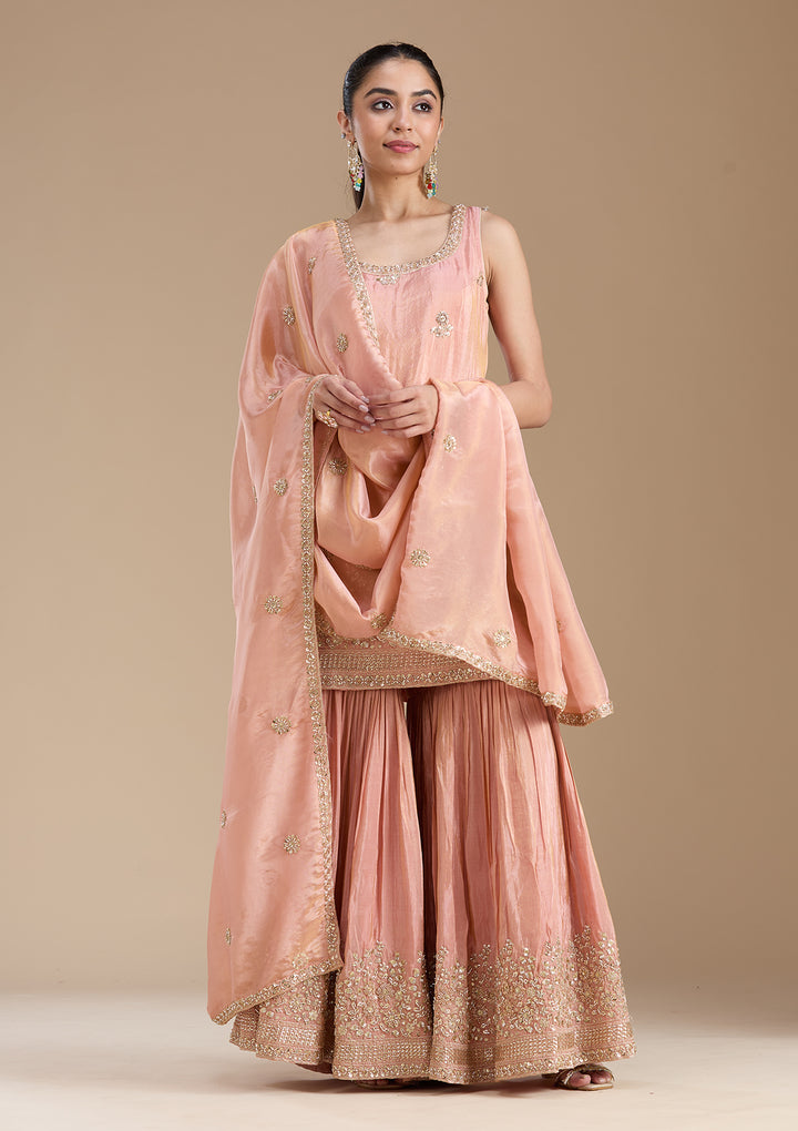 Peach Sequins Tissue Readymade Salwar Suit
