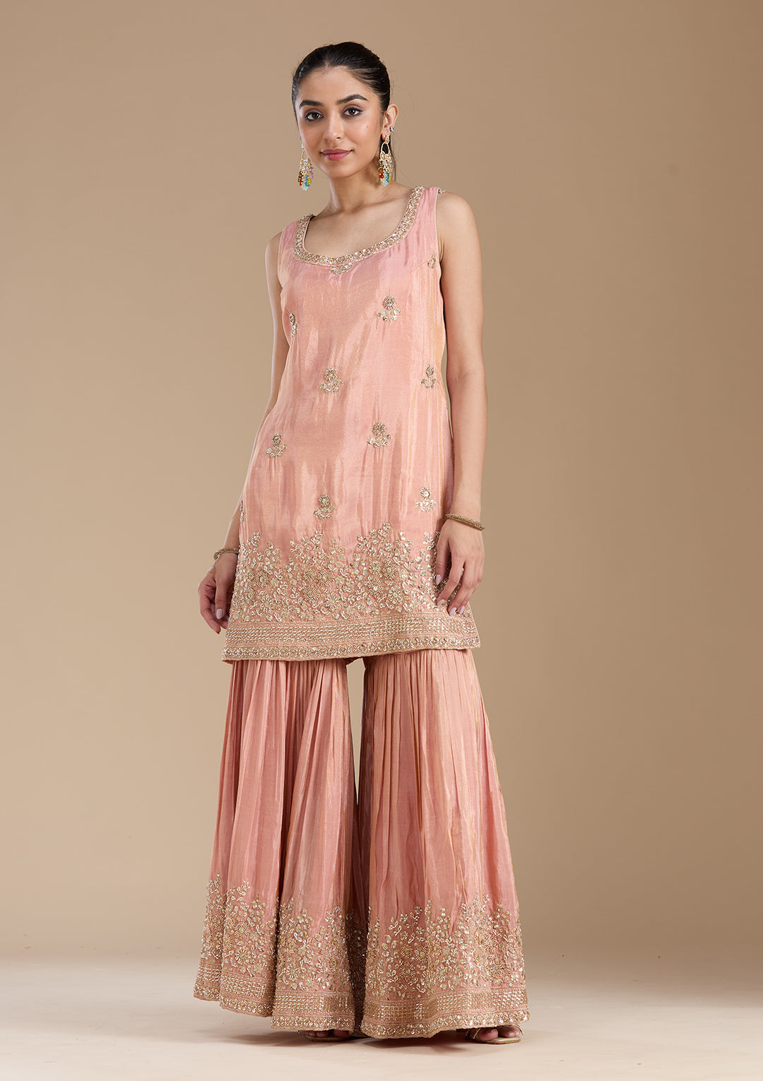 Peach Sequins Tissue Readymade Salwar Suit