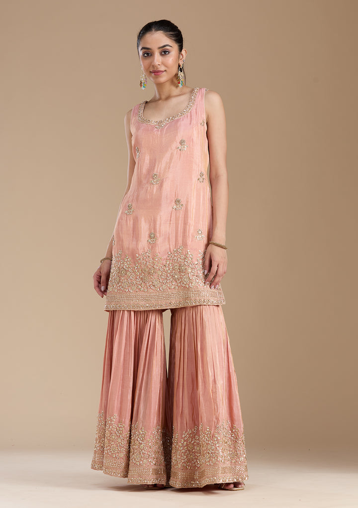 Peach Sequins Tissue Readymade Salwar Suit