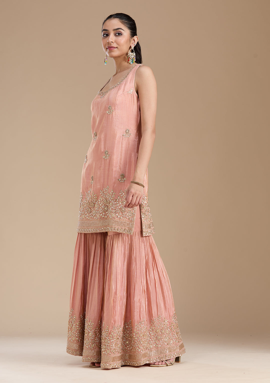 Peach Sequins Tissue Readymade Salwar Suit