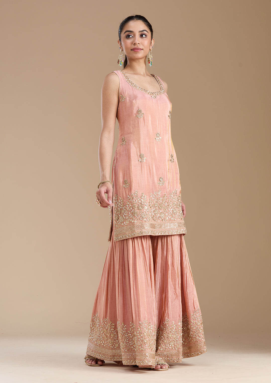 Peach Sequins Tissue Readymade Salwar Suit