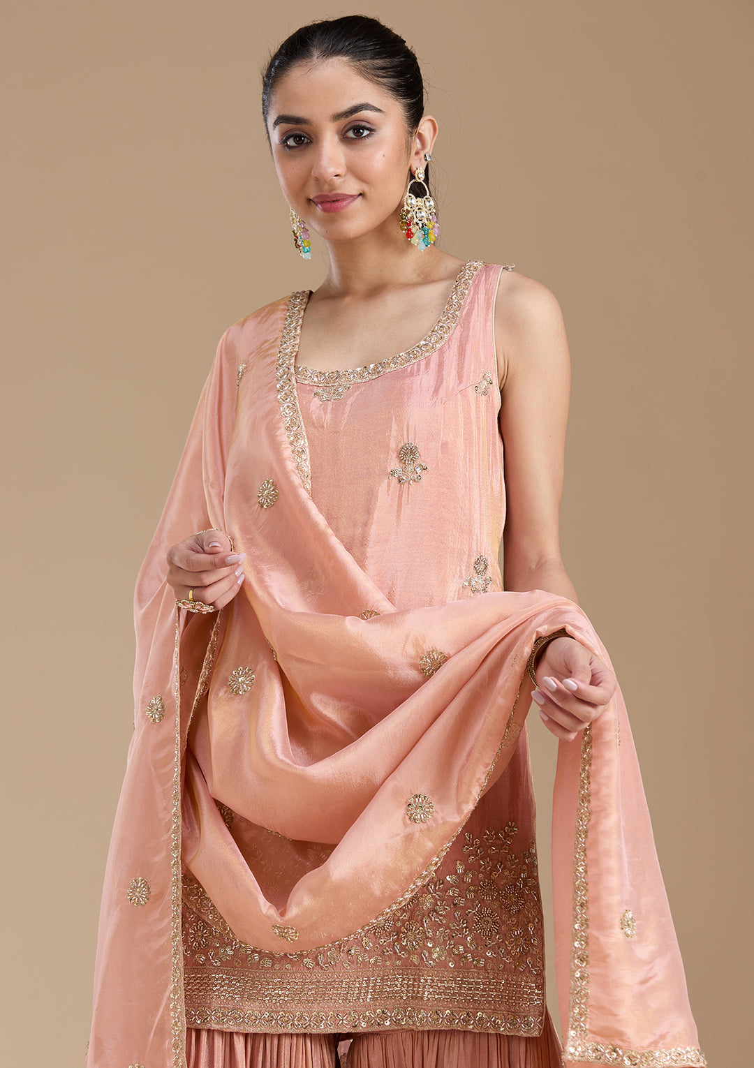 Peach Sequins Tissue Readymade Salwar Suit