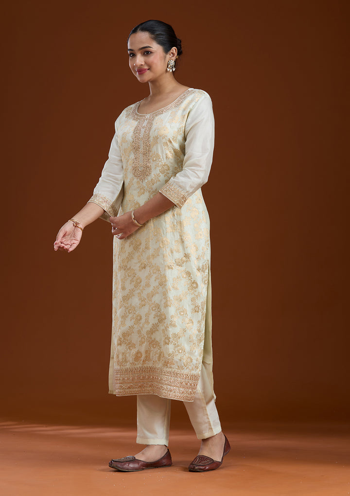 Off White Zariwork Brocade Readymade Salwar Suit