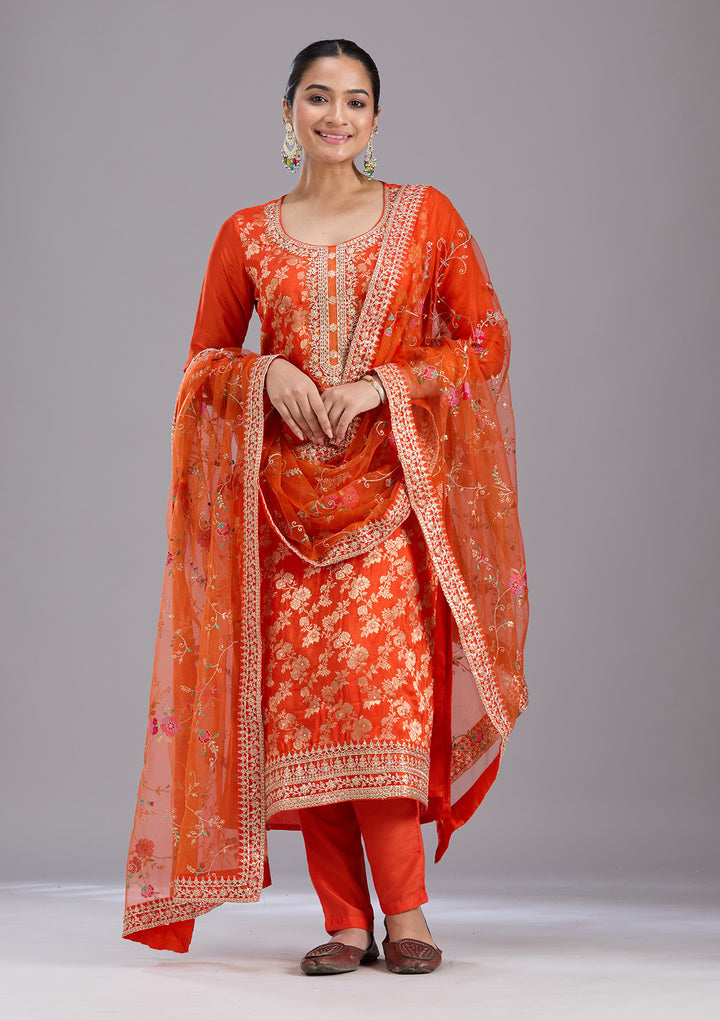Orange Zariwork Brocade Readymade Salwar Suit