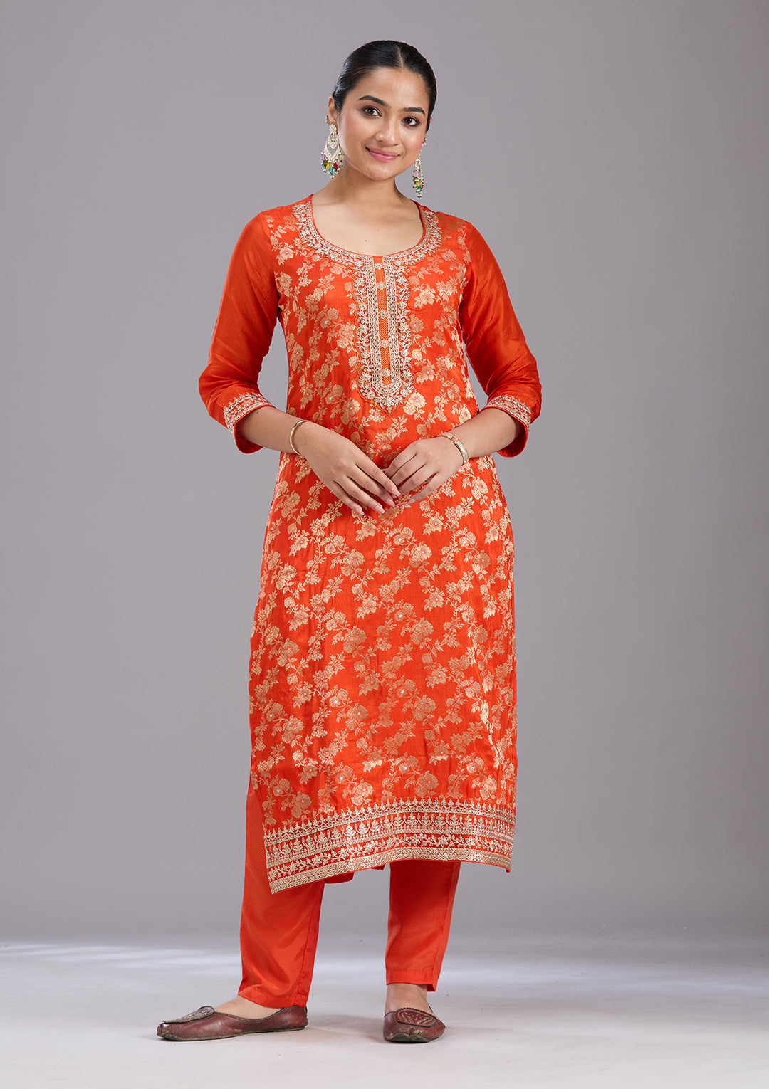 Orange Zariwork Brocade Readymade Salwar Suit