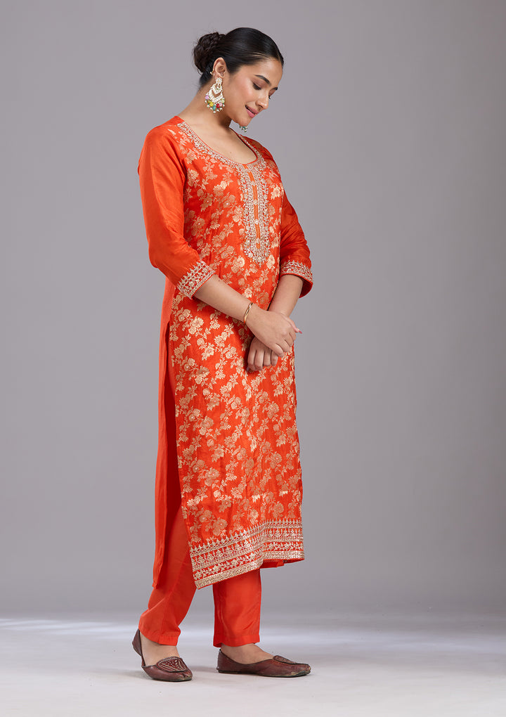 Orange Zariwork Brocade Readymade Salwar Suit
