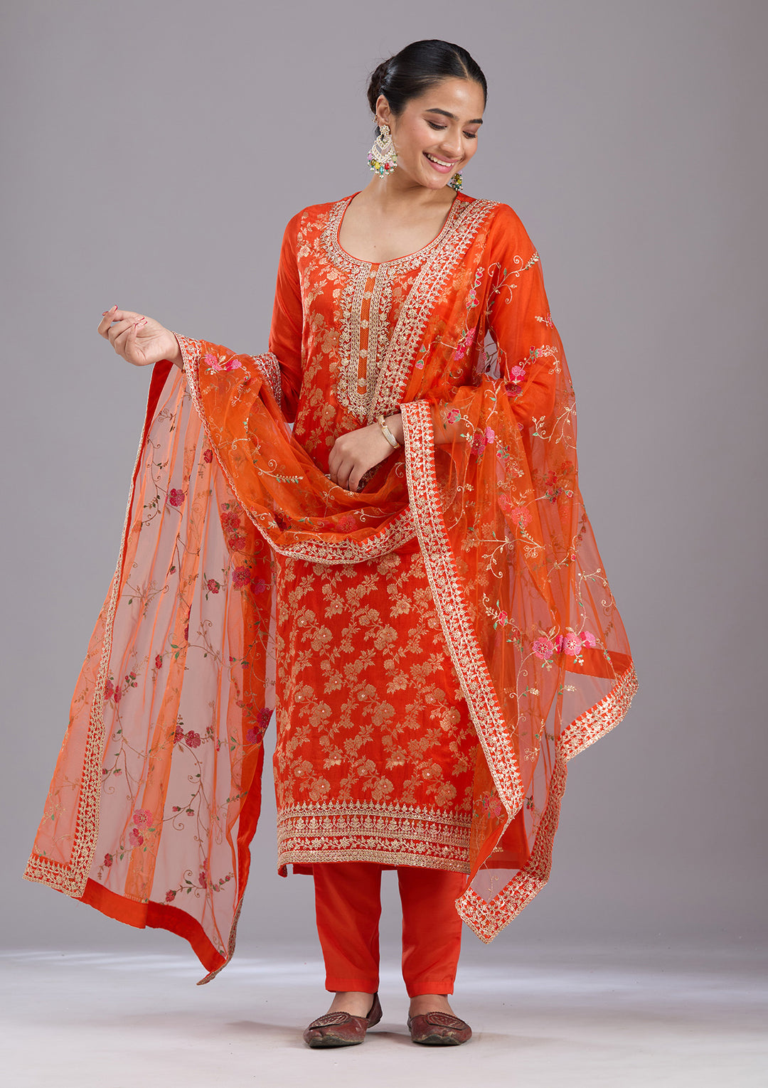 Orange Zariwork Brocade Readymade Salwar Suit