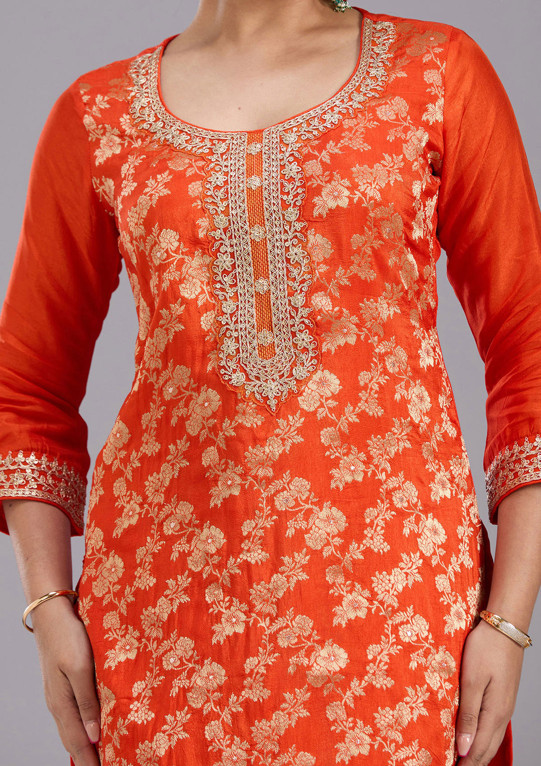 Orange Zariwork Brocade Readymade Salwar Suit