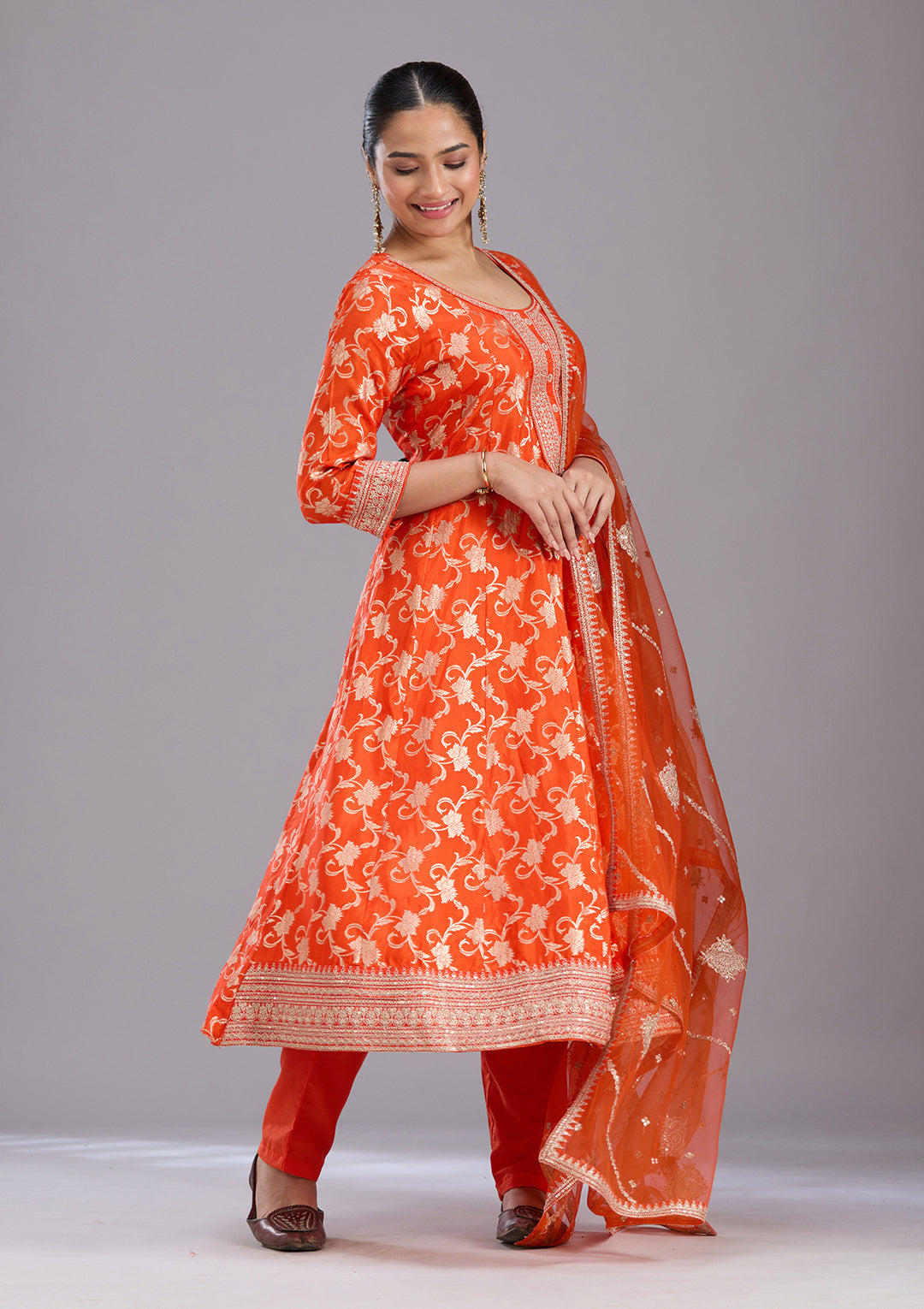 Orange Zariwork Brocade Readymade Salwar Suit